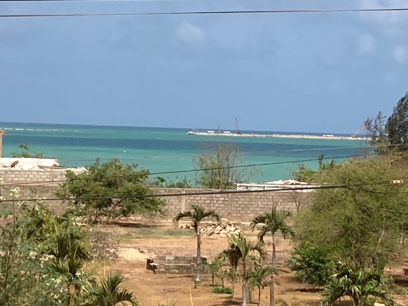 La vue depuis les chambres : le lagon turquoise derrière les palmiers